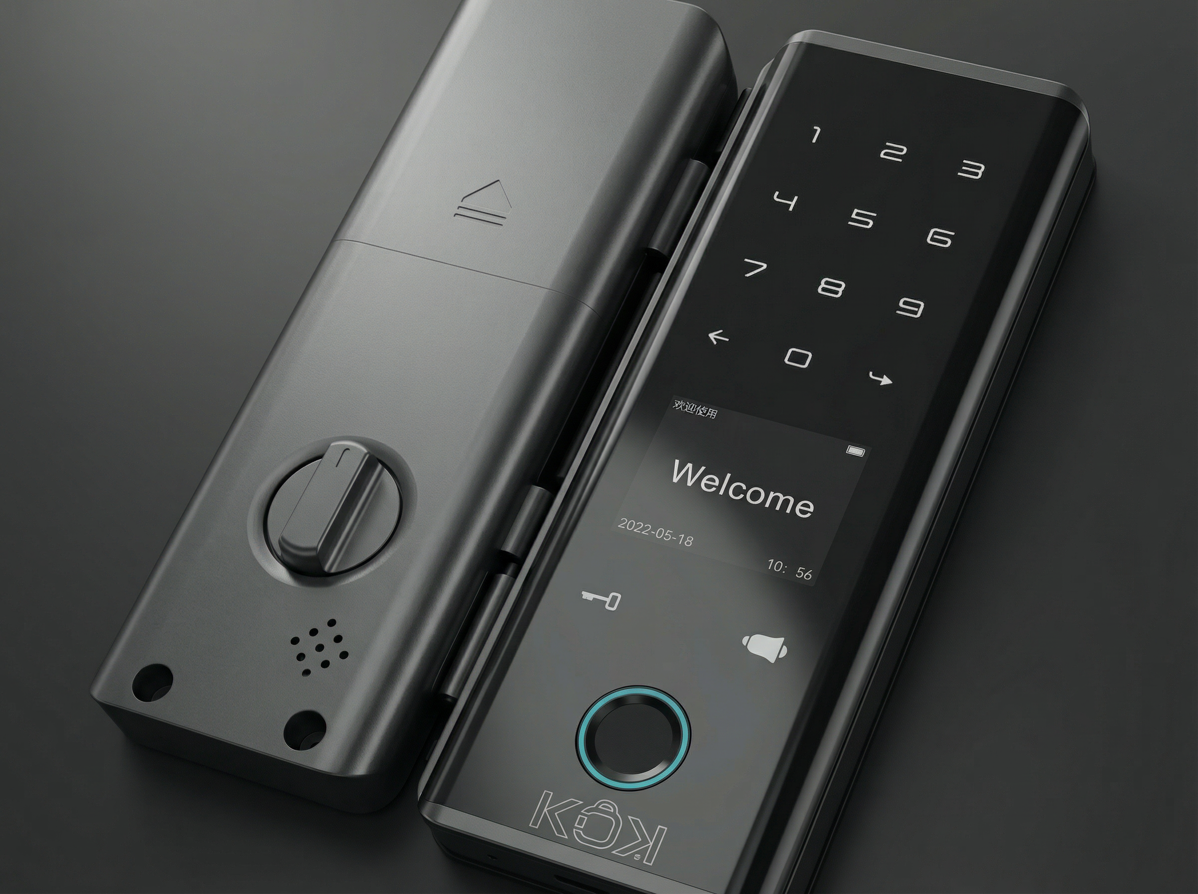 Smart door lock with digital keypad and touch screen on a dark background