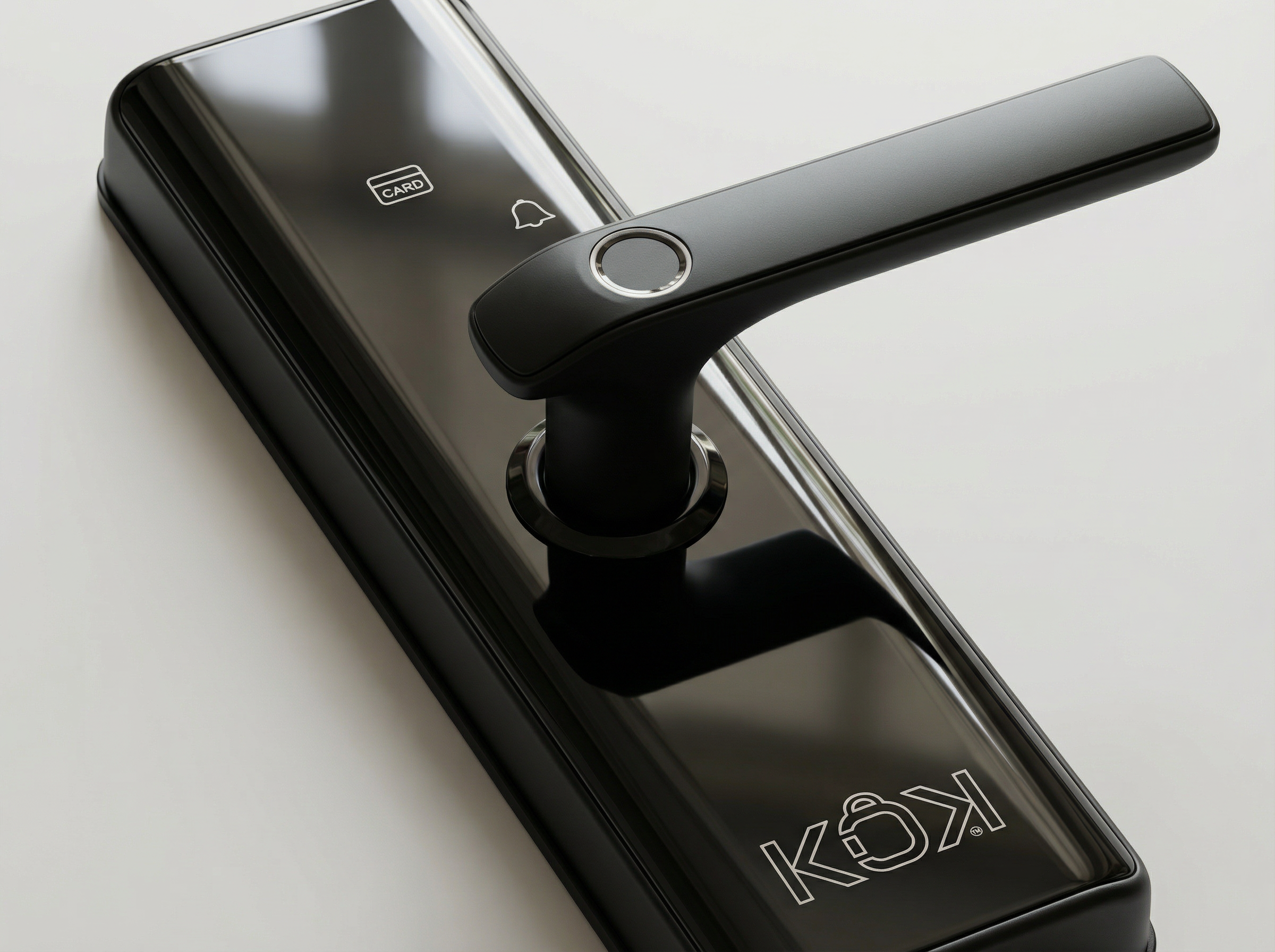 Black door handle with electronic keypad on a white background