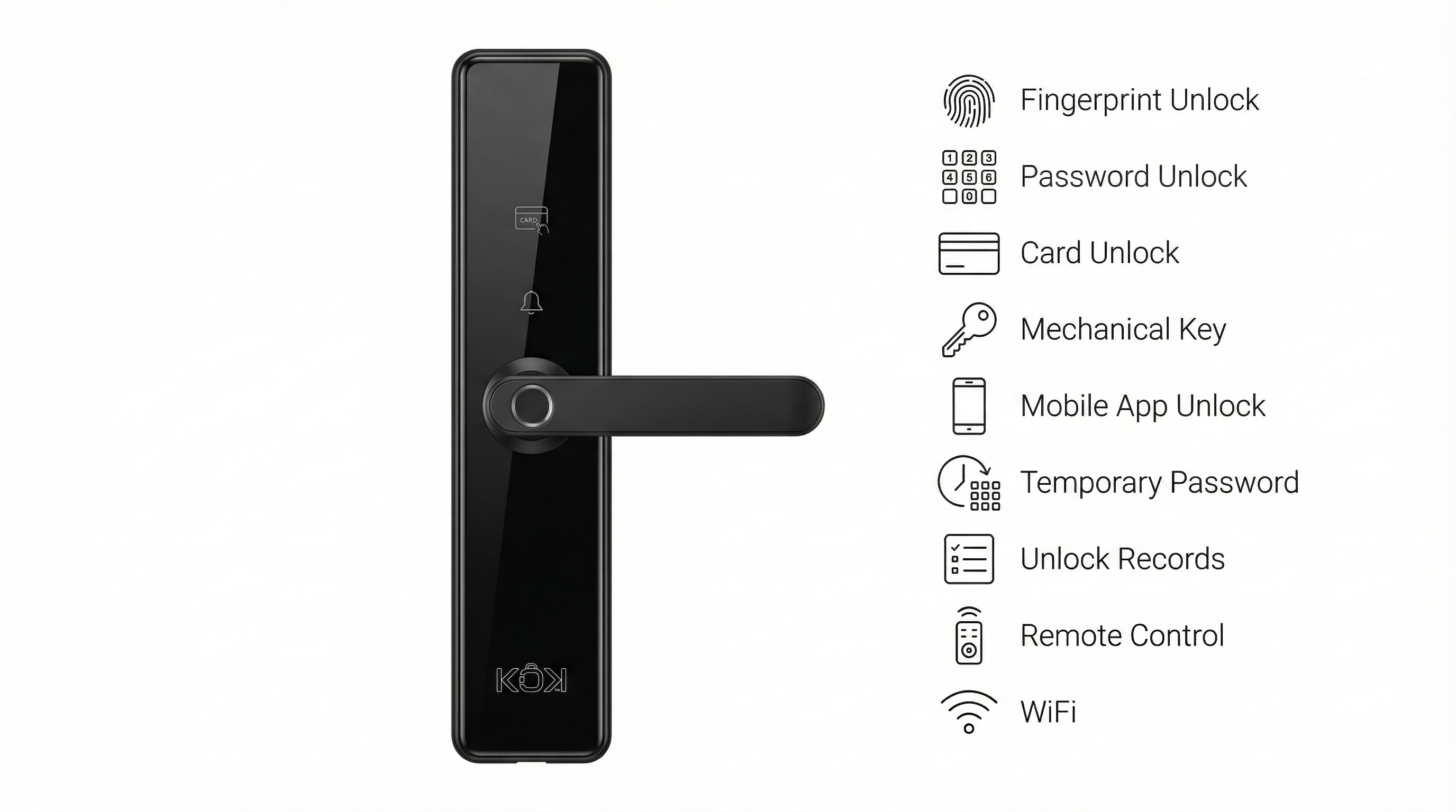 Smart door lock with unlock methods listed on a white background