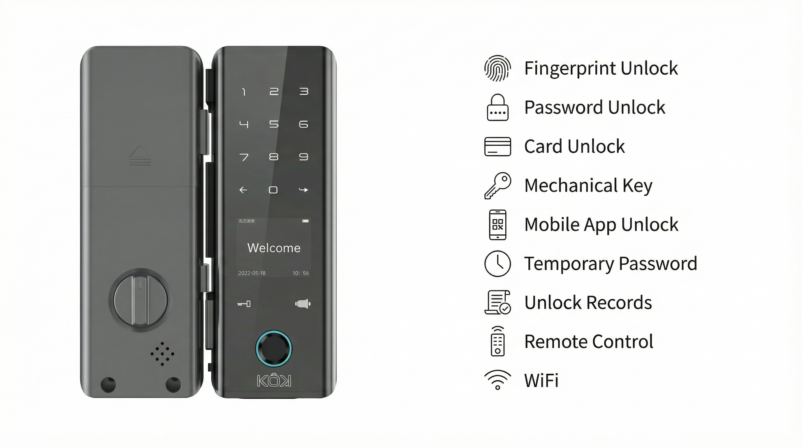 Smart door lock with features listed on a white background