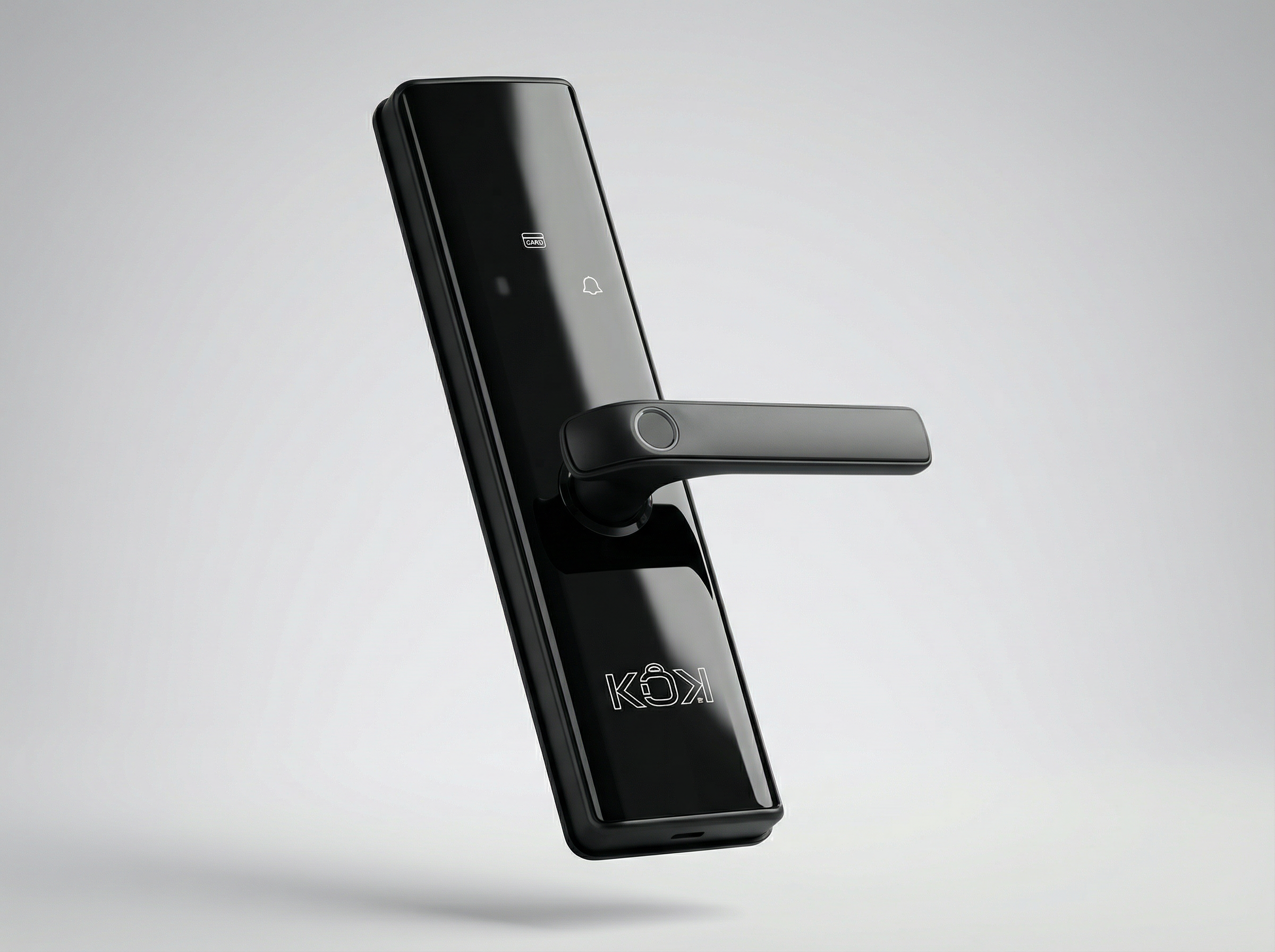 Black digital door lock with KOK brand on a light gray background