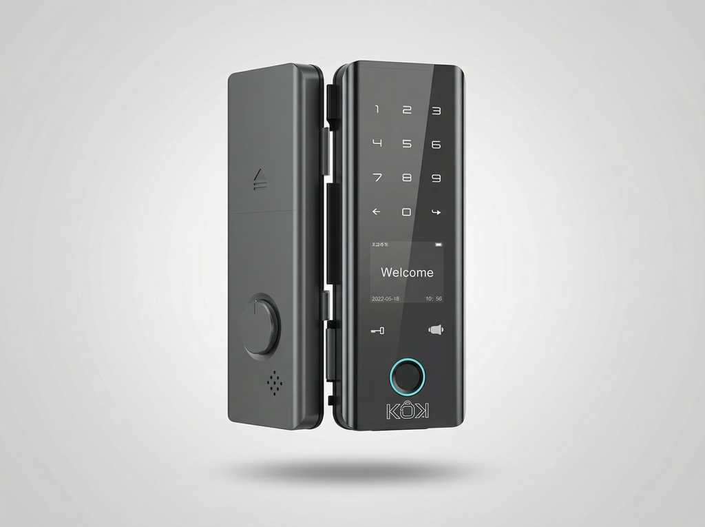 Digital door lock with keypad on a light gray background