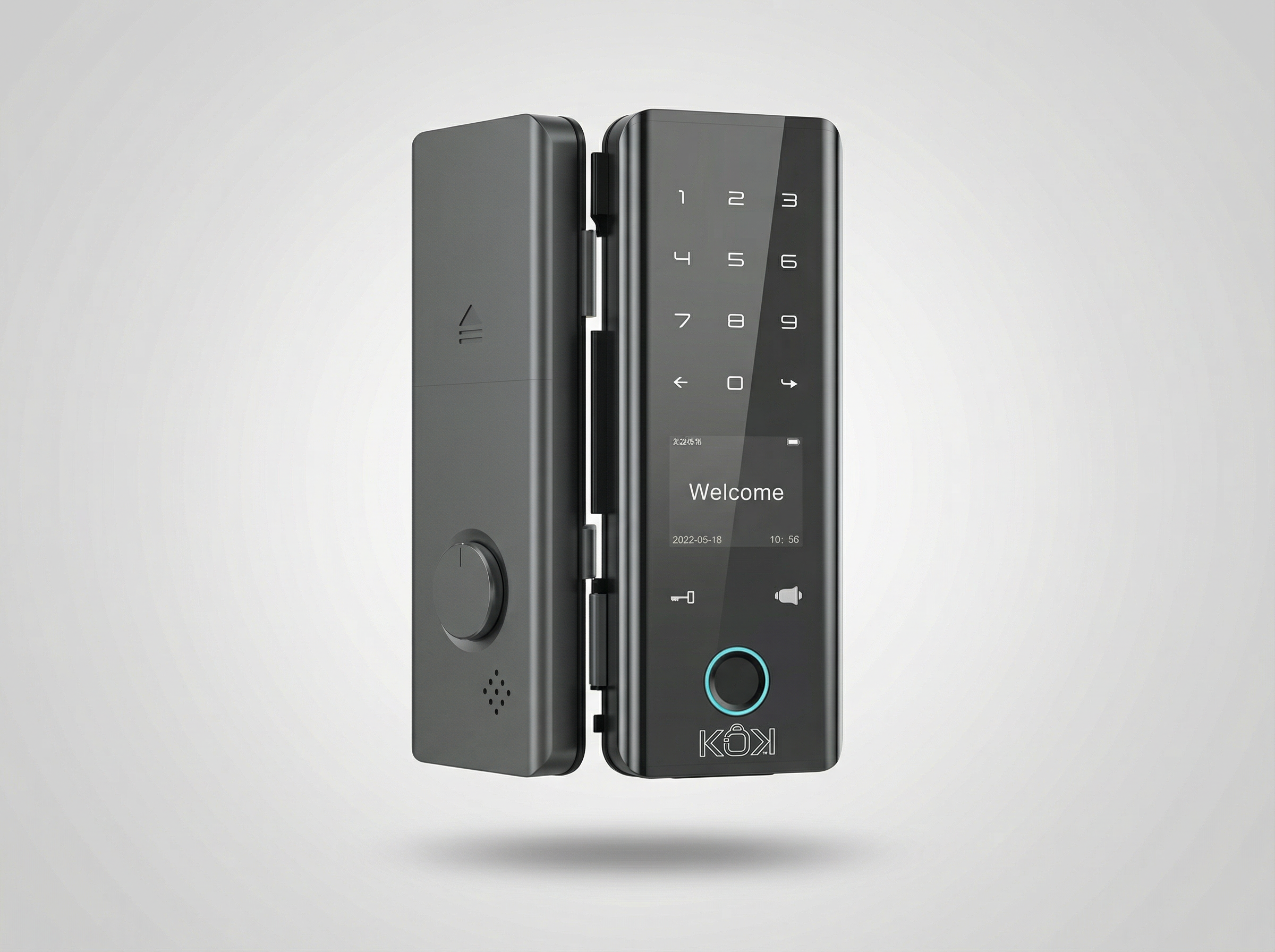 Digital door lock with keypad on a light gray background