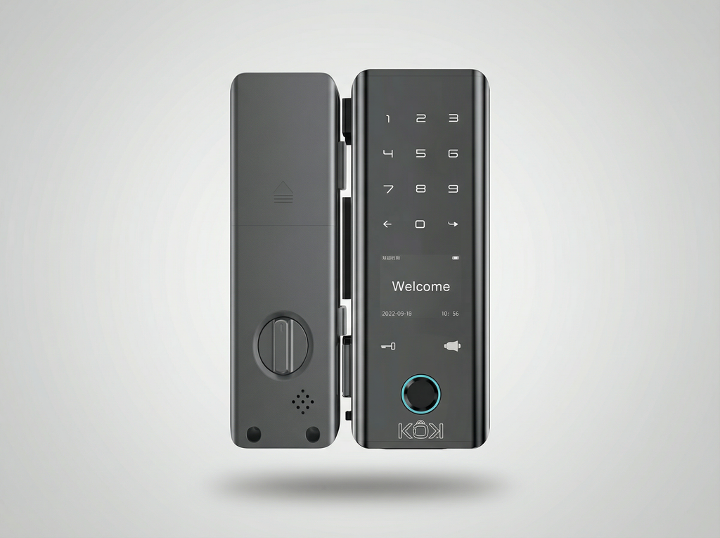 Digital door lock on a light gray background