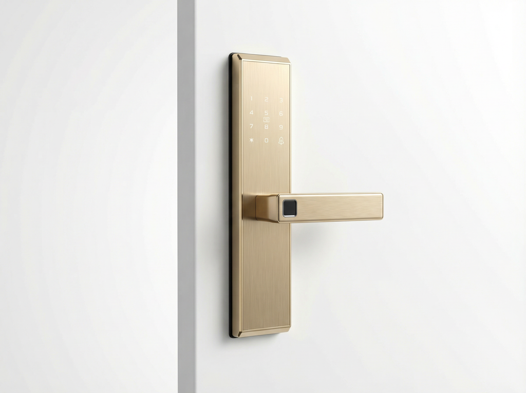 Gold electronic door handle on a white door