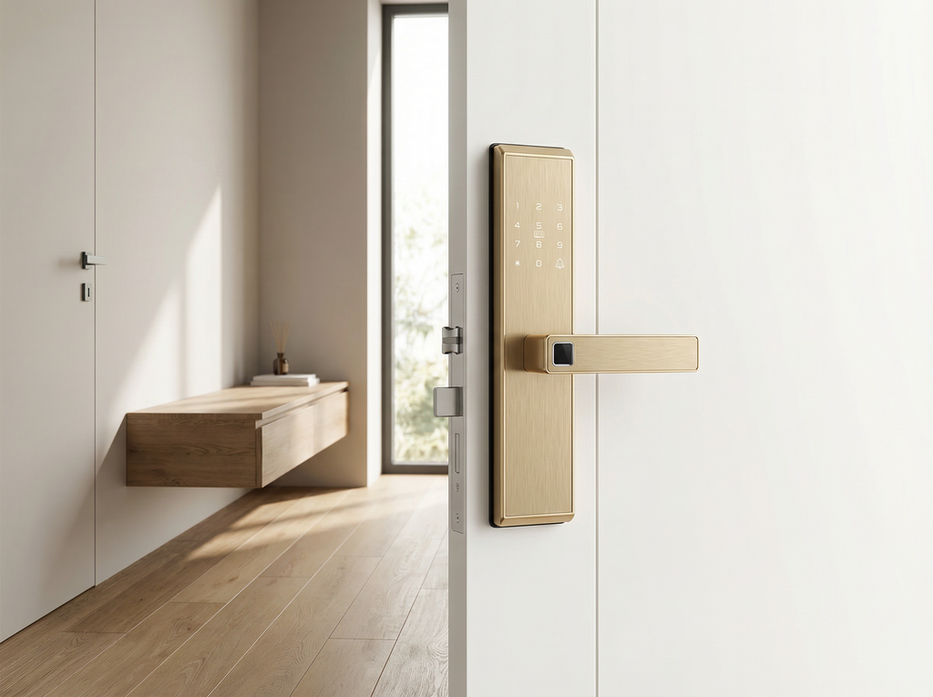 Modern door handle on a white door with a minimalistic interior design.