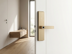 Modern door handle on a white door with a minimalistic interior design.