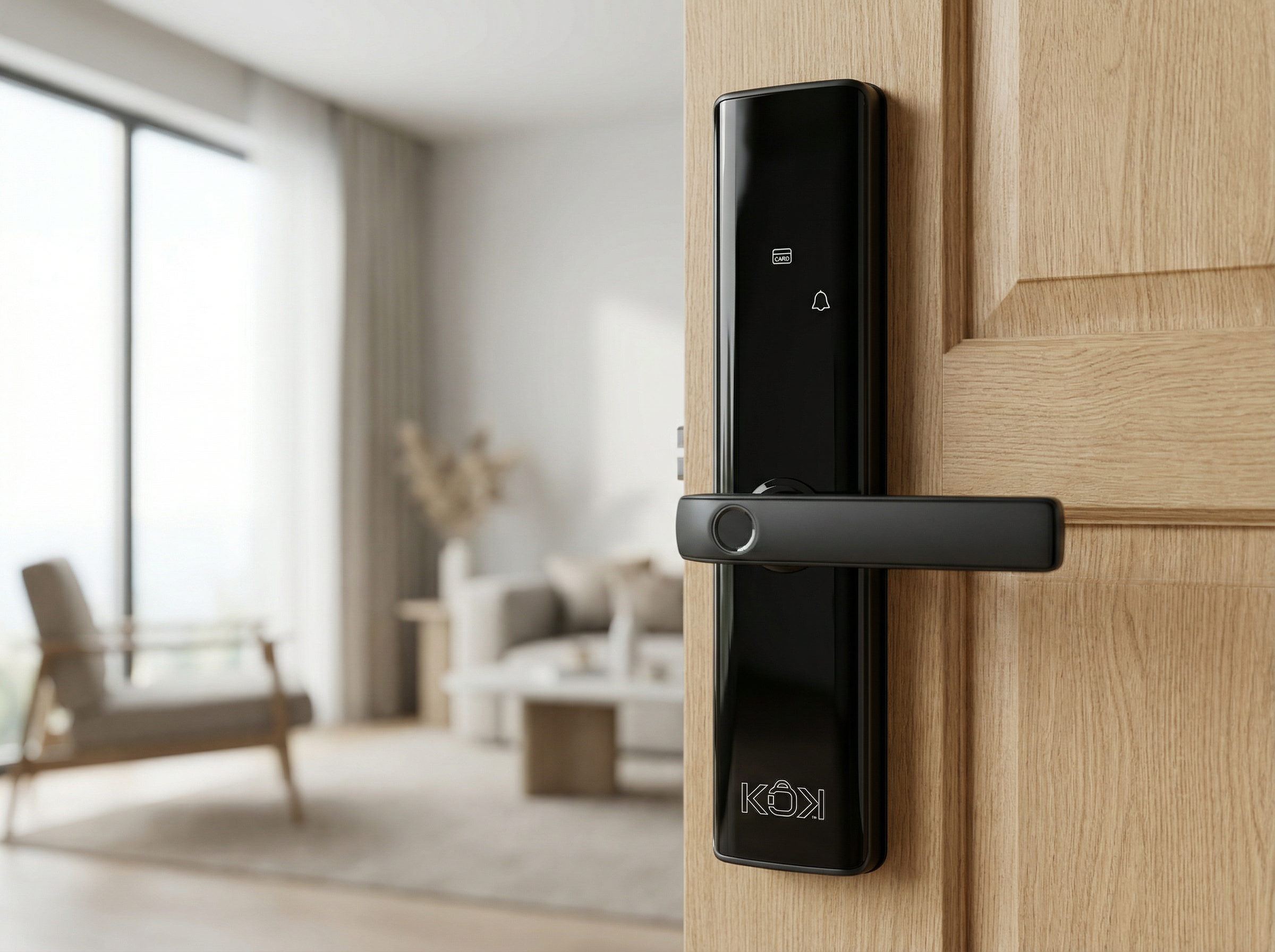 Black digital door lock on a wooden door with a blurred living room in the background