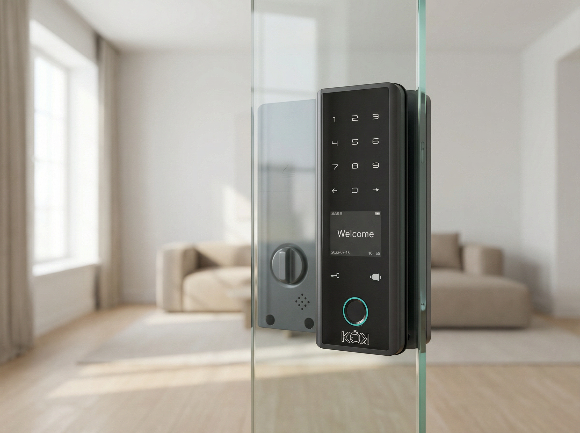 Digital door lock on a glass door with a modern interior background