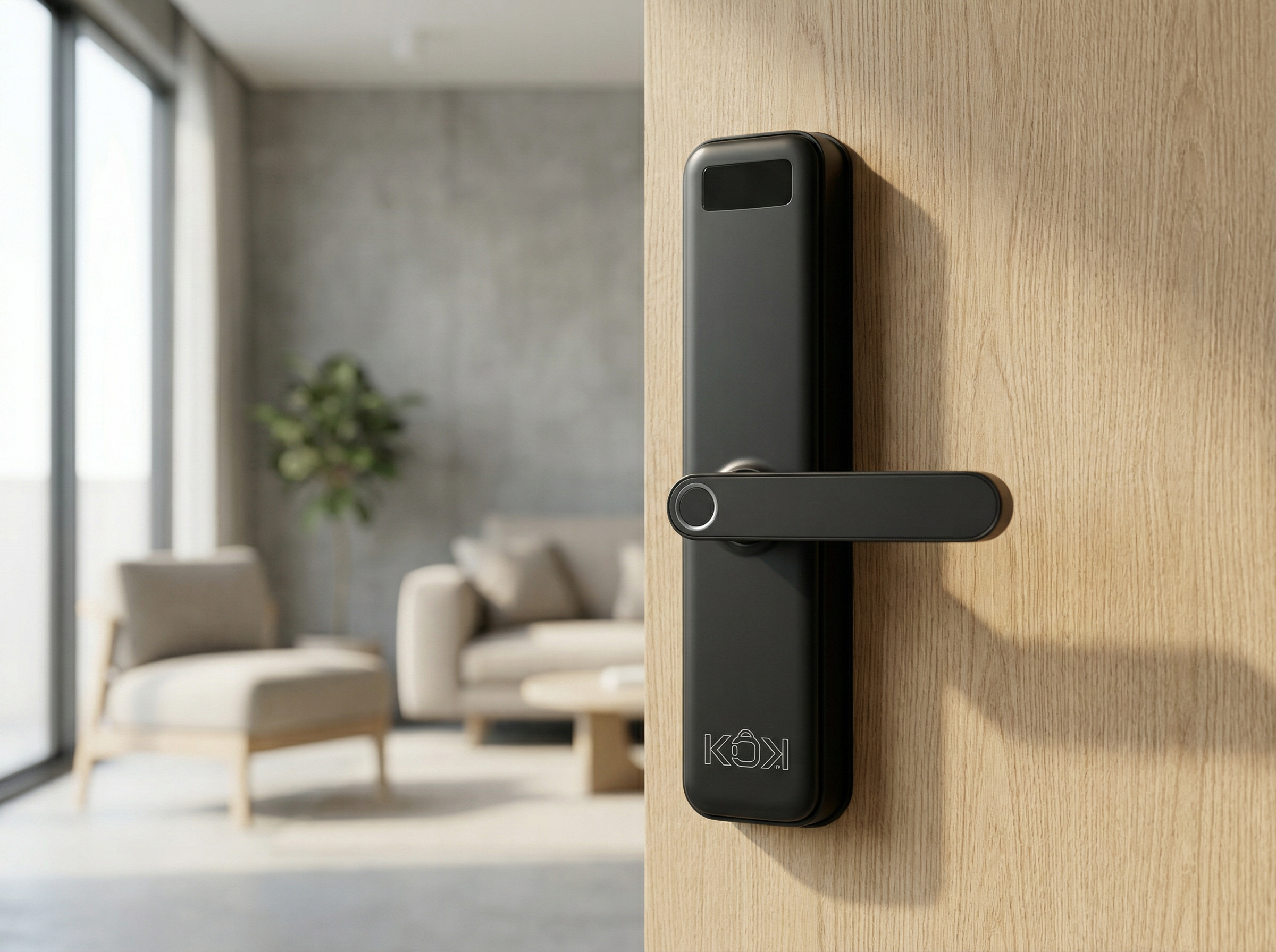 Smart door handle with Kwikset logo on a wooden door, blurred living room in the background
