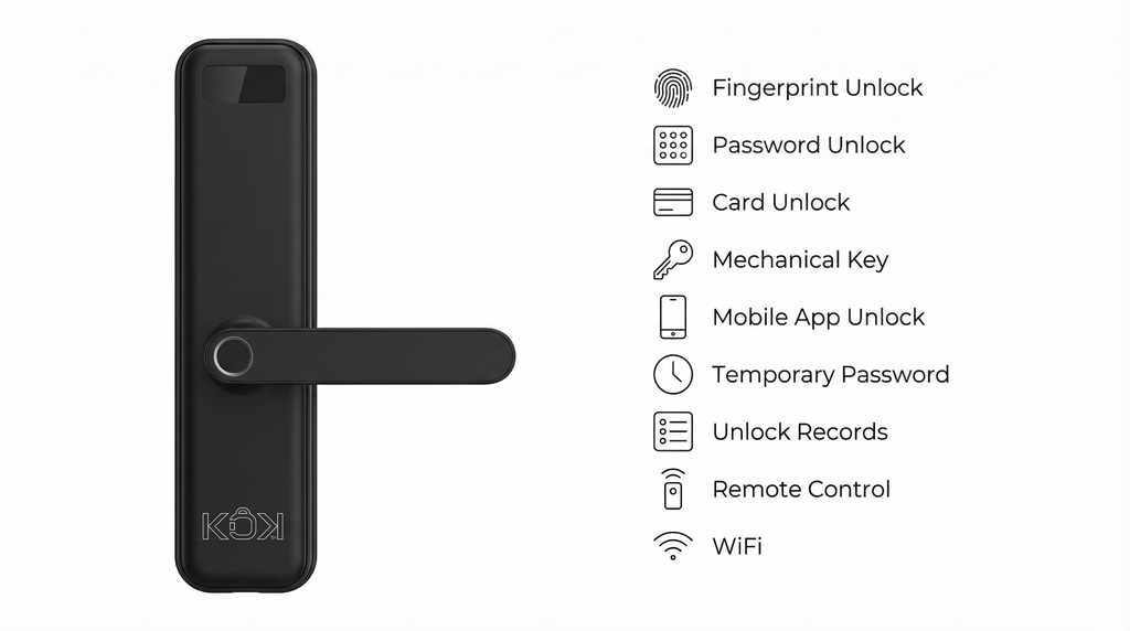 Smart door lock with unlock methods listed on a white background