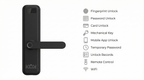 Smart door lock with unlock methods listed on a white background