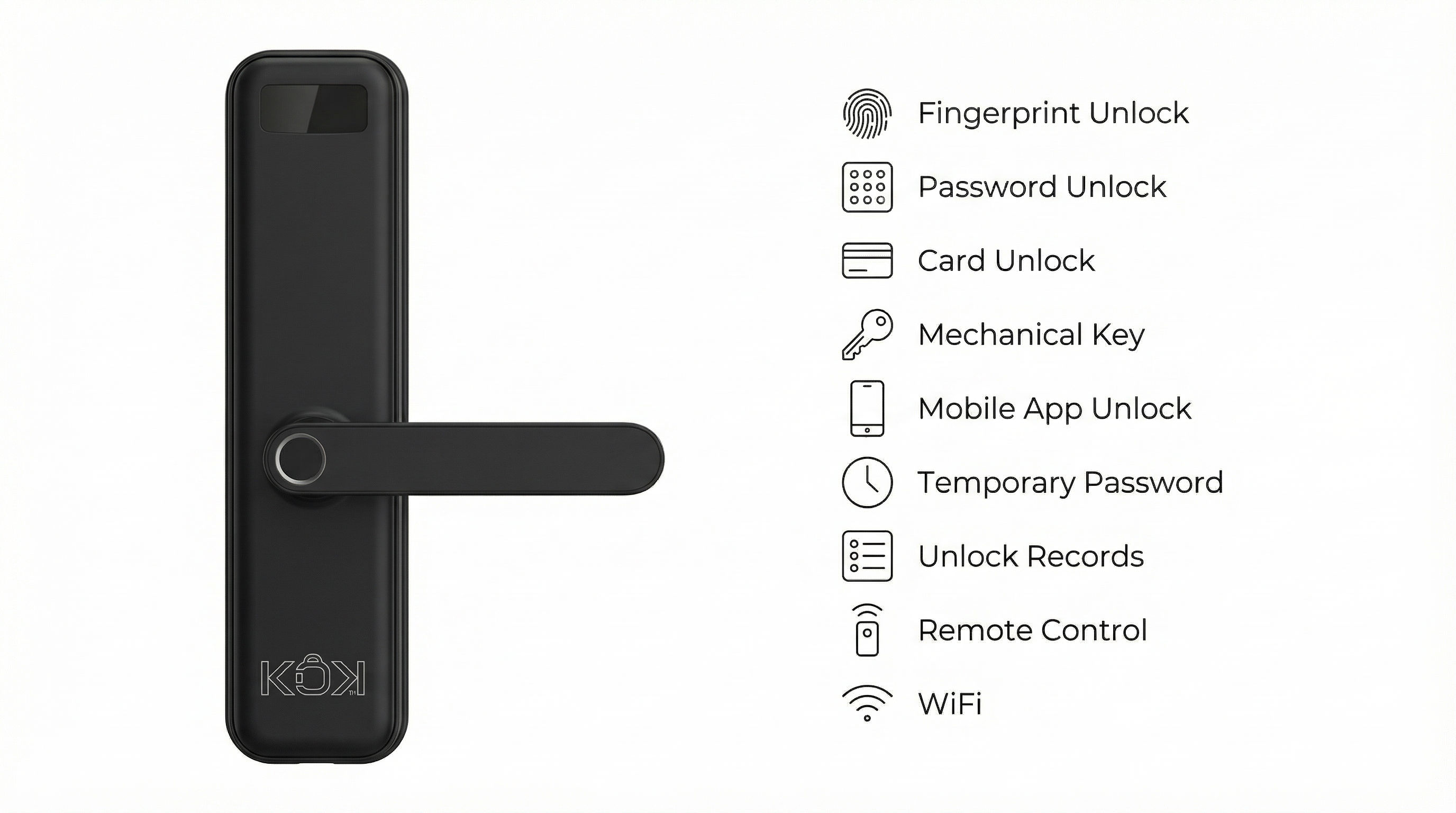 Smart door lock with unlock methods listed on a white background