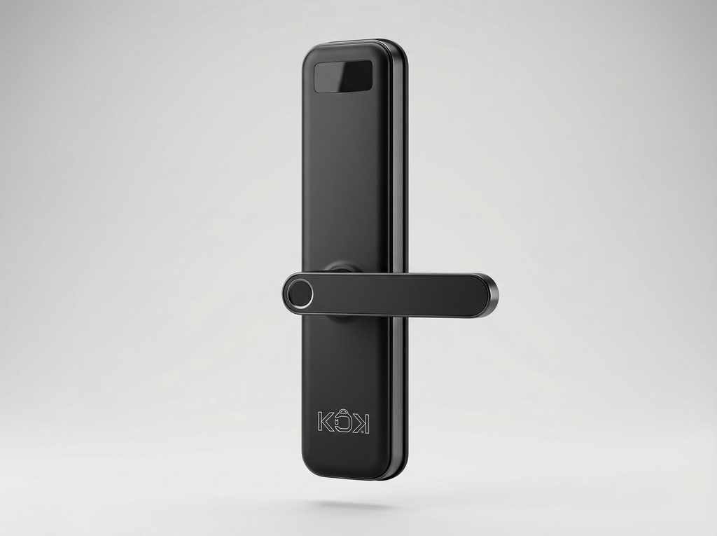 Black digital door lock with KOKI branding on a light gray background