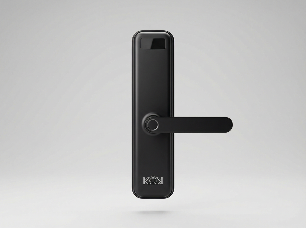 Black digital door lock on a gray background